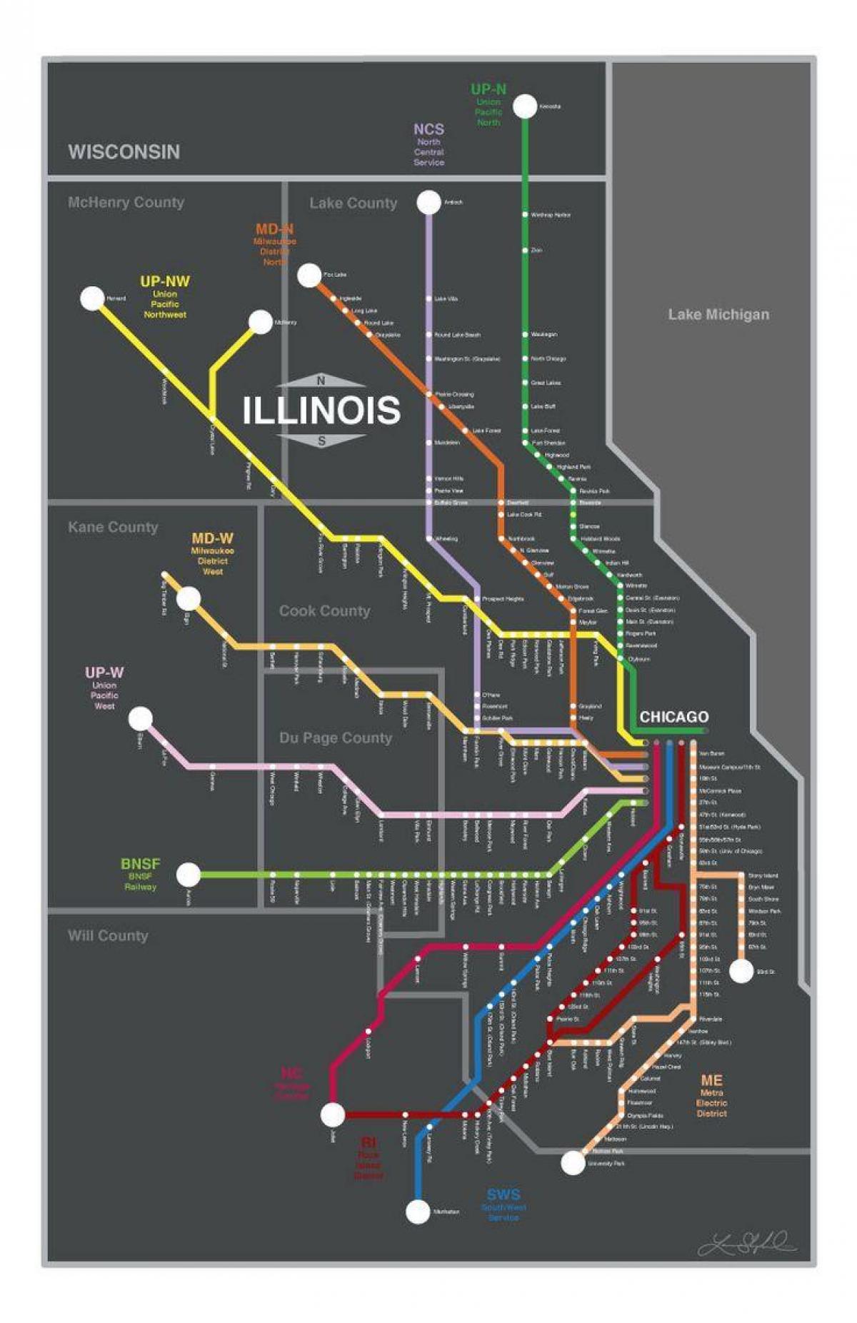 metra més tren mapa de Chicago