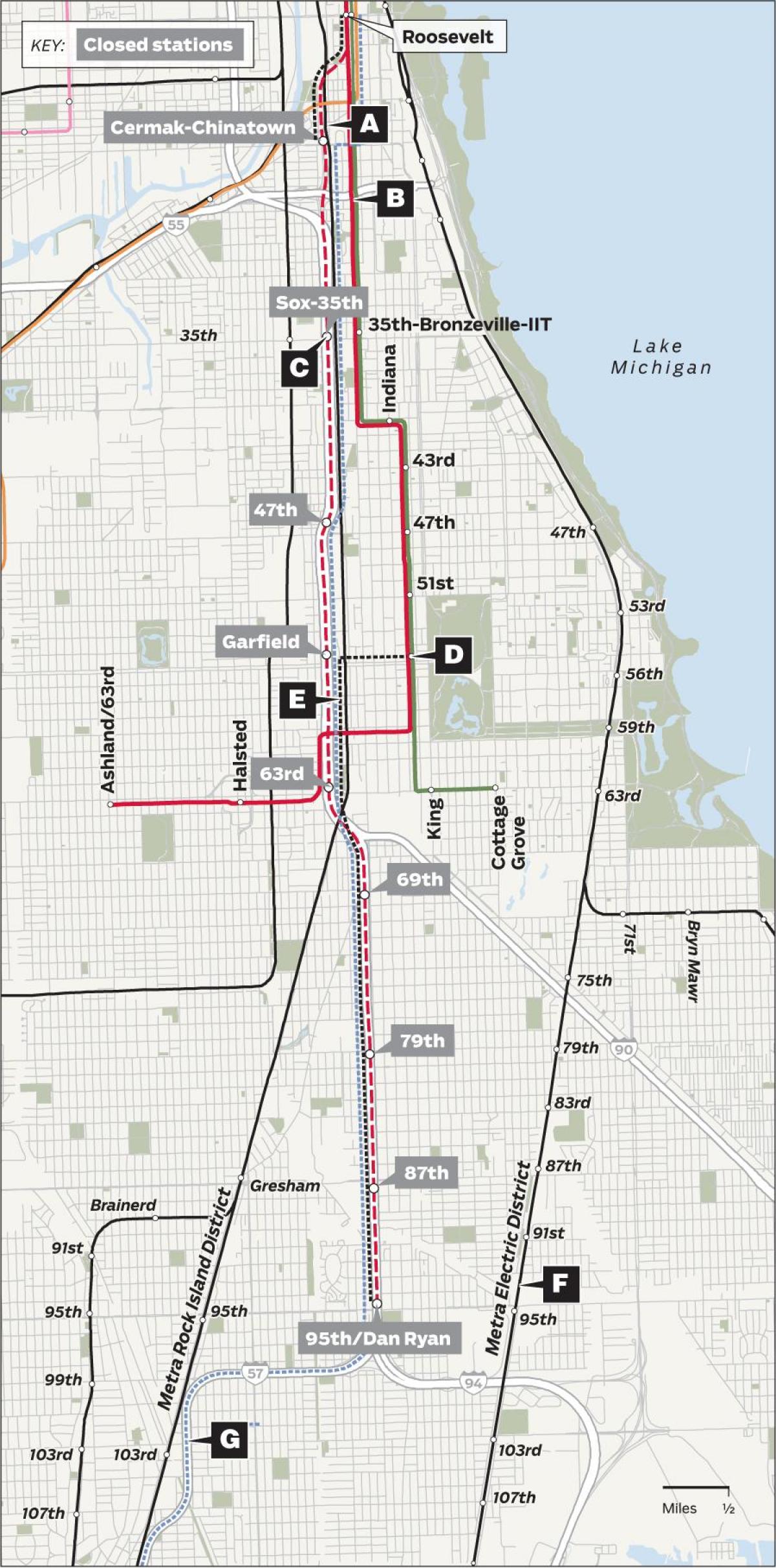 la línia vermella Chicago mapa